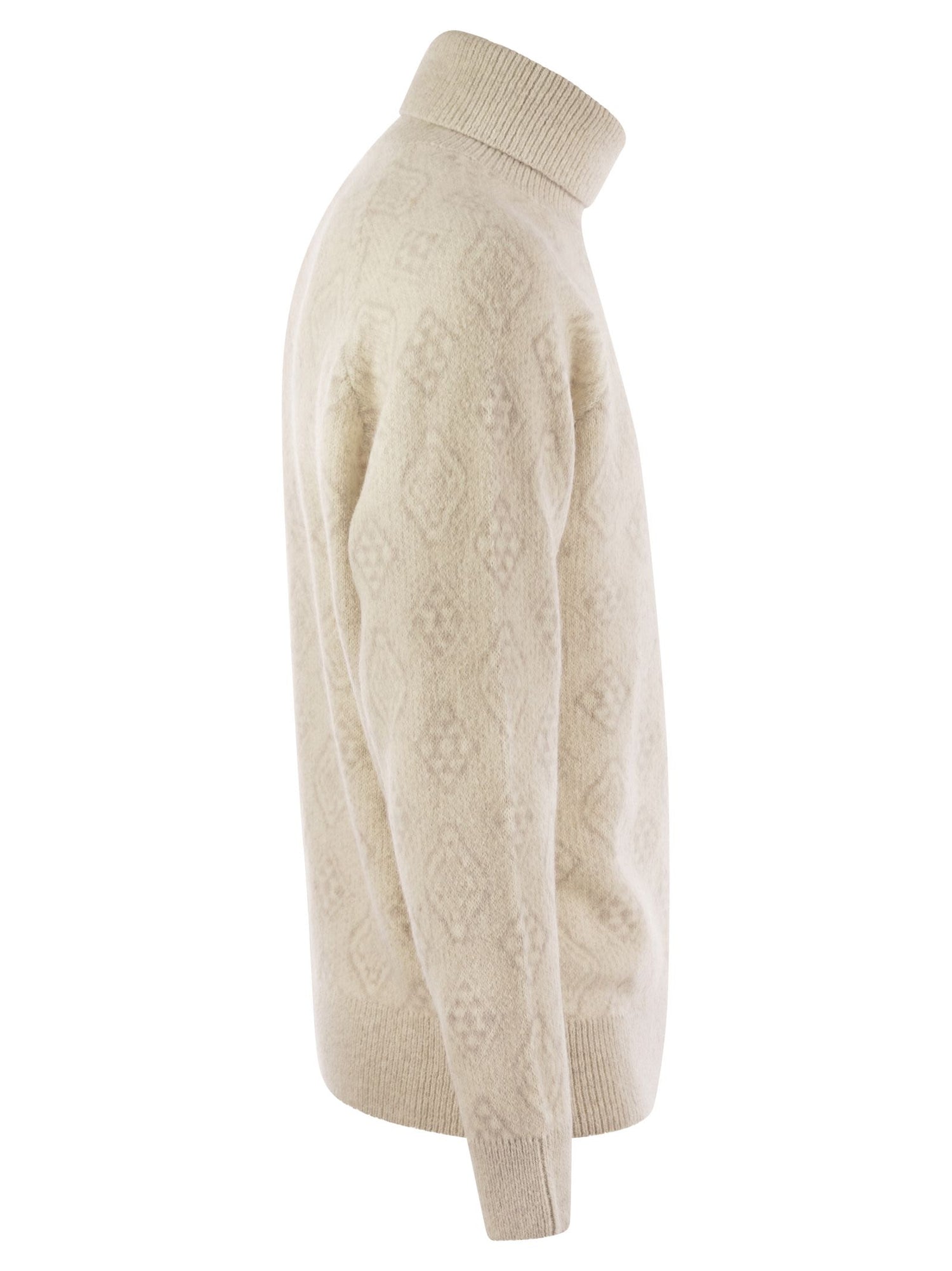 Brunello Cucinelli Men Geometric Jacquard Turtleneck Sweater In Alpaca, Cotton And Wool by Luosophy