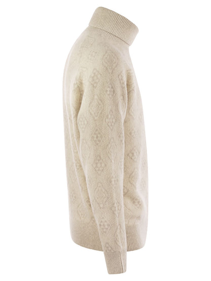 Brunello Cucinelli Men Geometric Jacquard Turtleneck Sweater In Alpaca, Cotton And Wool by Luosophy