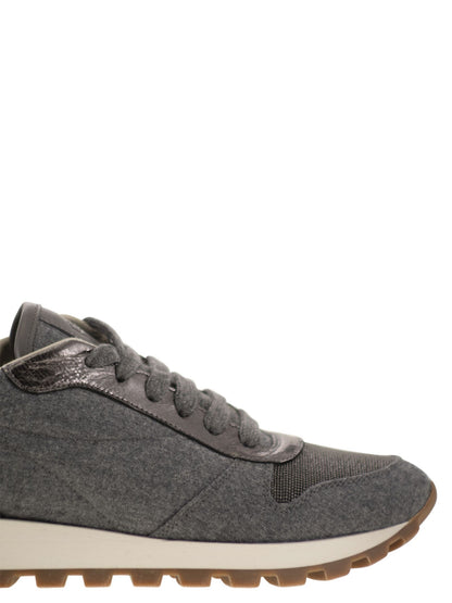 Brunello Cucinelli Women Runners In Virgin Wool Flannel And Lamé Calfskin With Precious Toe by Luosophy