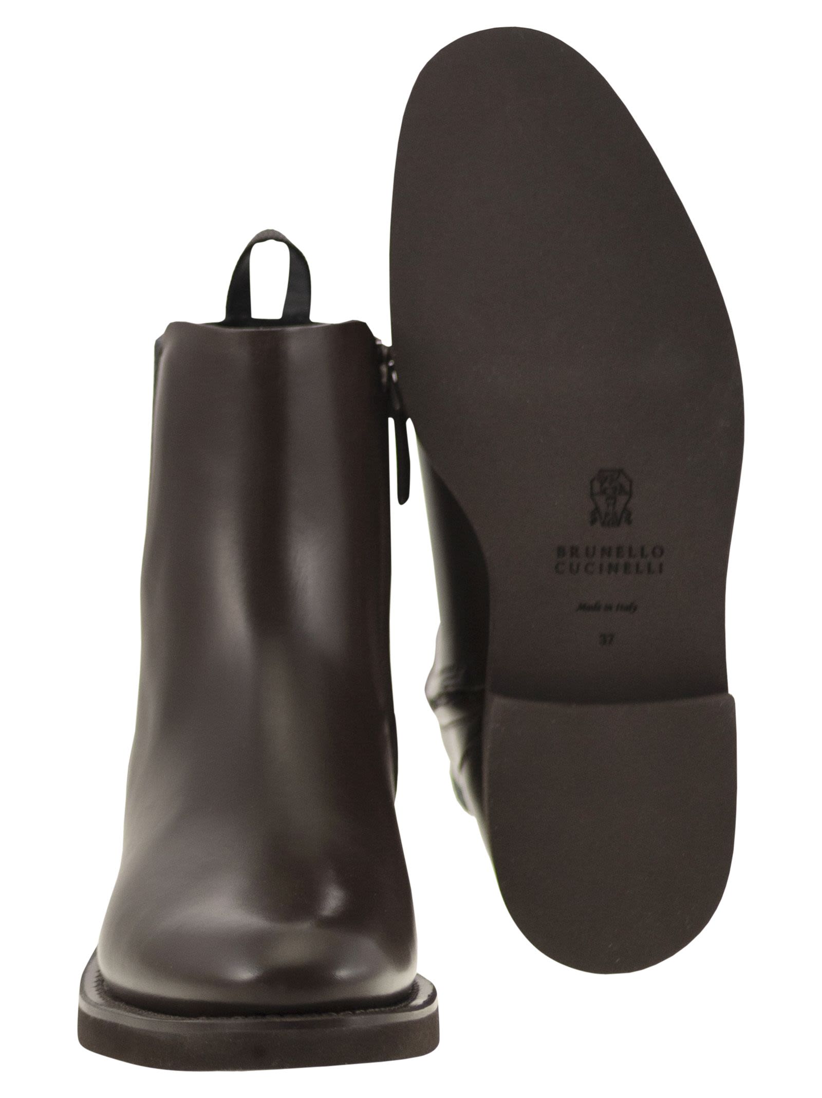 Brunello Cucinelli Women Chelsea Boot In Matt Calfskin With Shiny Detail by Luosophy