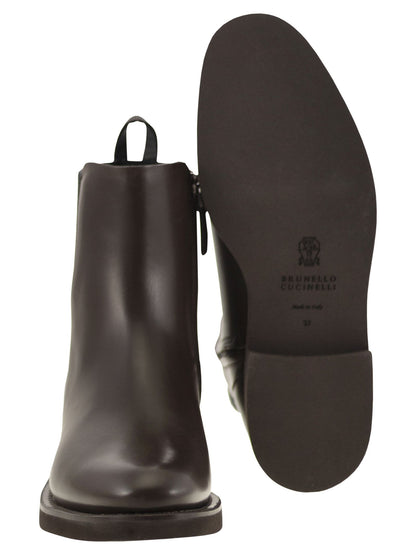 Brunello Cucinelli Women Chelsea Boot In Matt Calfskin With Shiny Detail by Luosophy