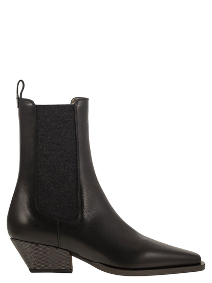 Brunello Cucinelli Women Classic Leather Chelsea Boot With Precious Block Heels