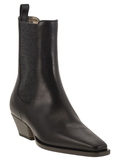 Brunello Cucinelli Women Classic Leather Chelsea Boot With Precious Block Heels by Luosophy