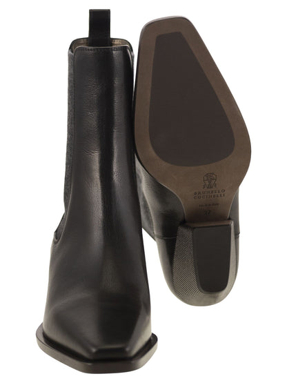 Brunello Cucinelli Women Classic Leather Chelsea Boot With Precious Block Heels by Luosophy