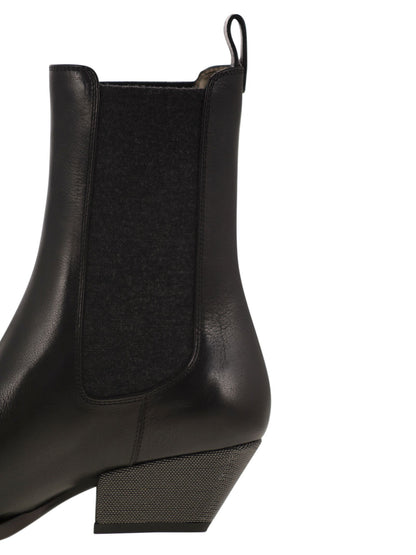 Brunello Cucinelli Women Classic Leather Chelsea Boot With Precious Block Heels