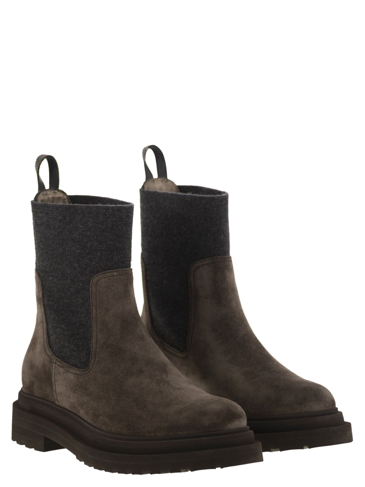 Brunello Cucinelli Women Suede Boot With Knitted Insert And Precious Loop Detail by Luosophy