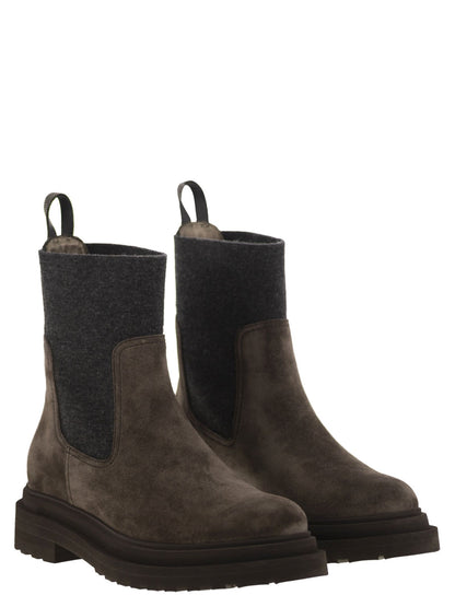 Brunello Cucinelli Women Suede Boot With Knitted Insert And Precious Loop Detail by Luosophy