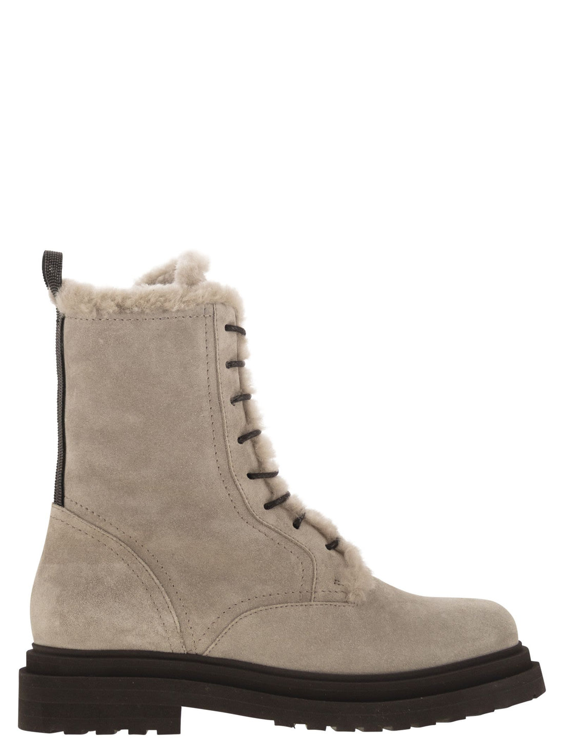 Brunello Cucinelli Women Suede Boot With Shearling Lining And Shiny Loop Detail by Luosophy