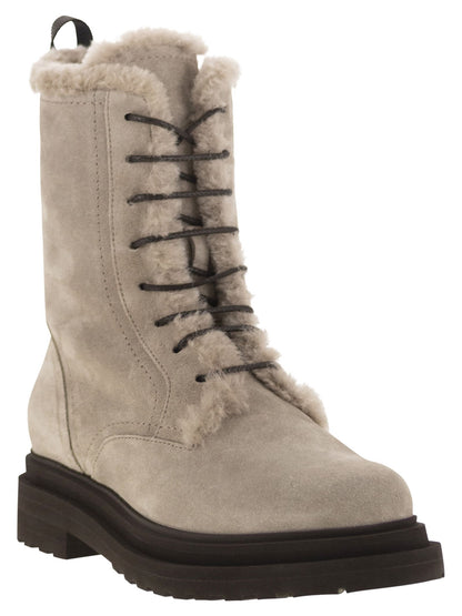 Brunello Cucinelli Women Suede Boot With Shearling Lining And Shiny Loop Detail by Luosophy