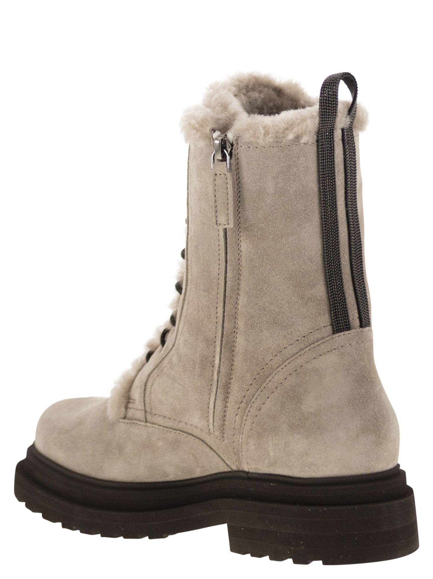 Brunello Cucinelli Women Suede Boot With Shearling Lining And Shiny Loop Detail by Luosophy