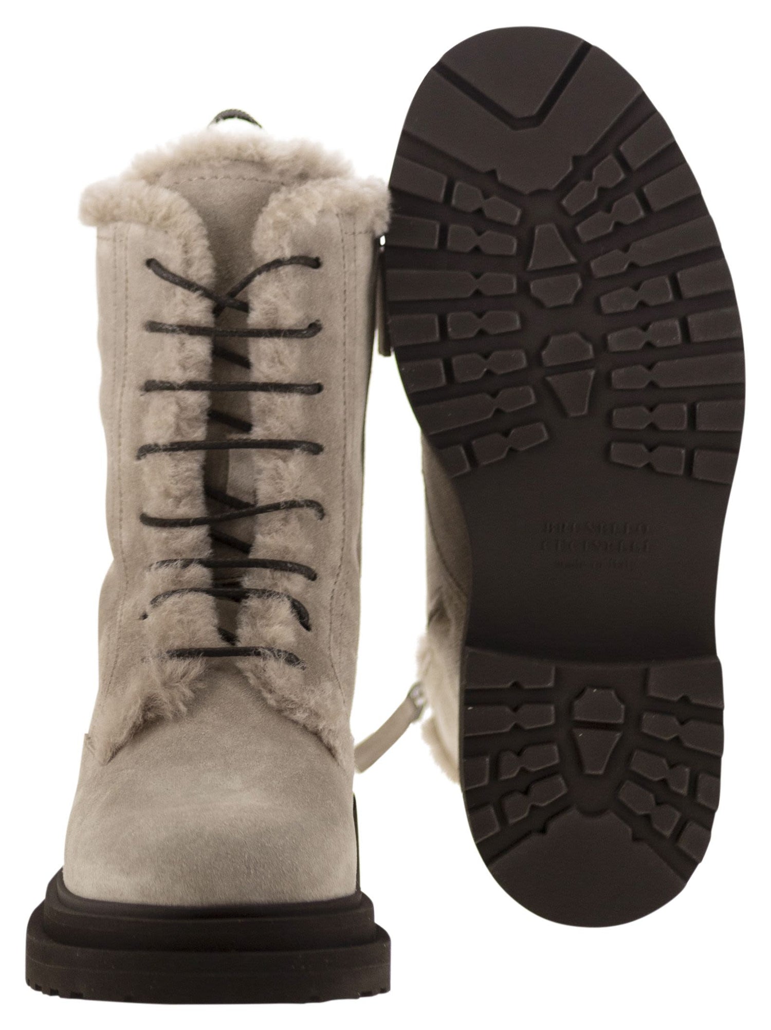 Brunello Cucinelli Women Suede Boot With Shearling Lining And Shiny Loop Detail by Luosophy