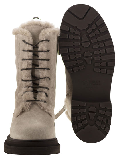 Brunello Cucinelli Women Suede Boot With Shearling Lining And Shiny Loop Detail by Luosophy