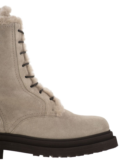 Brunello Cucinelli Women Suede Boot With Shearling Lining And Shiny Loop Detail by Luosophy