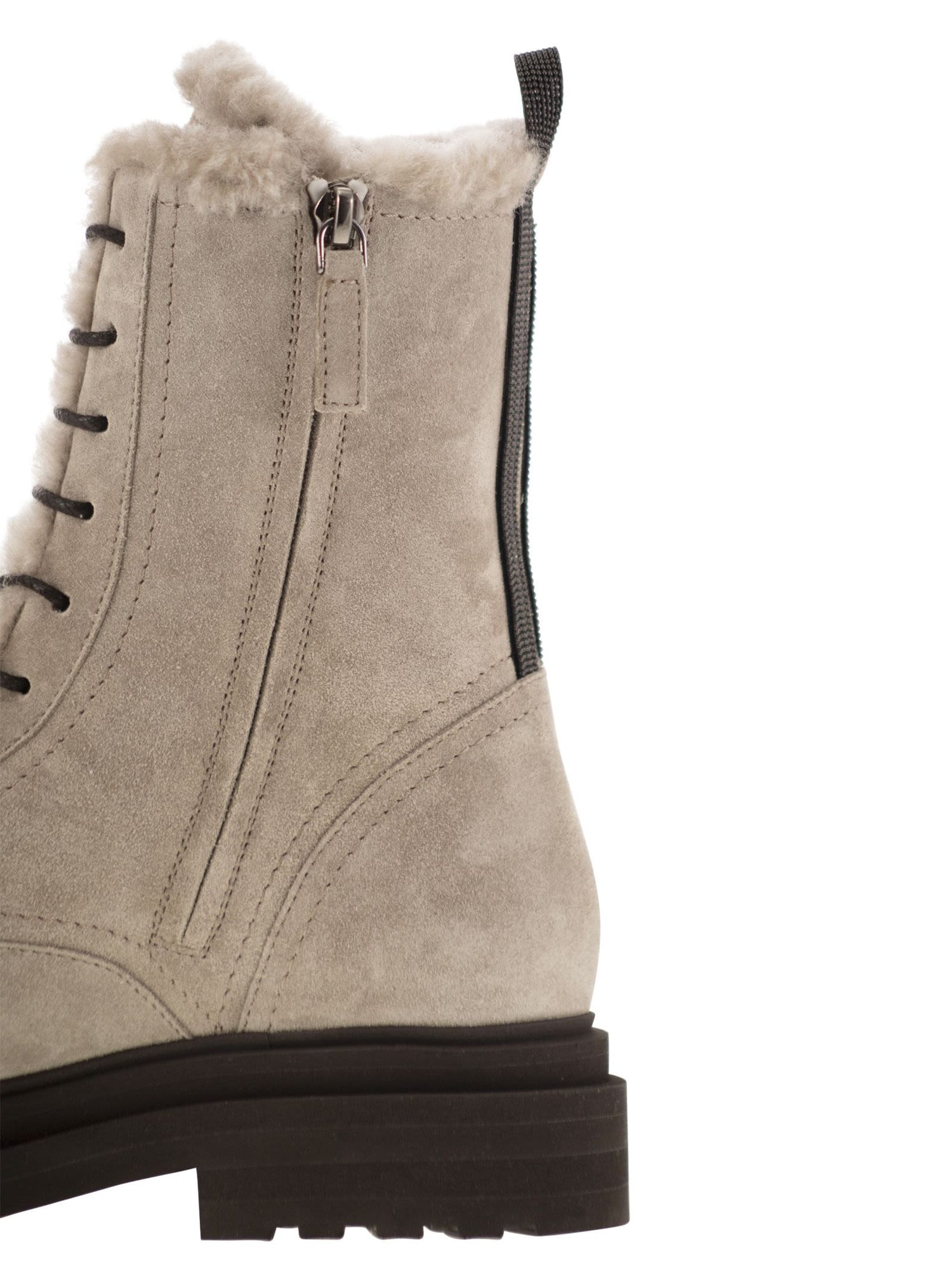 Brunello Cucinelli Women Suede Boot With Shearling Lining And Shiny Loop Detail by Luosophy