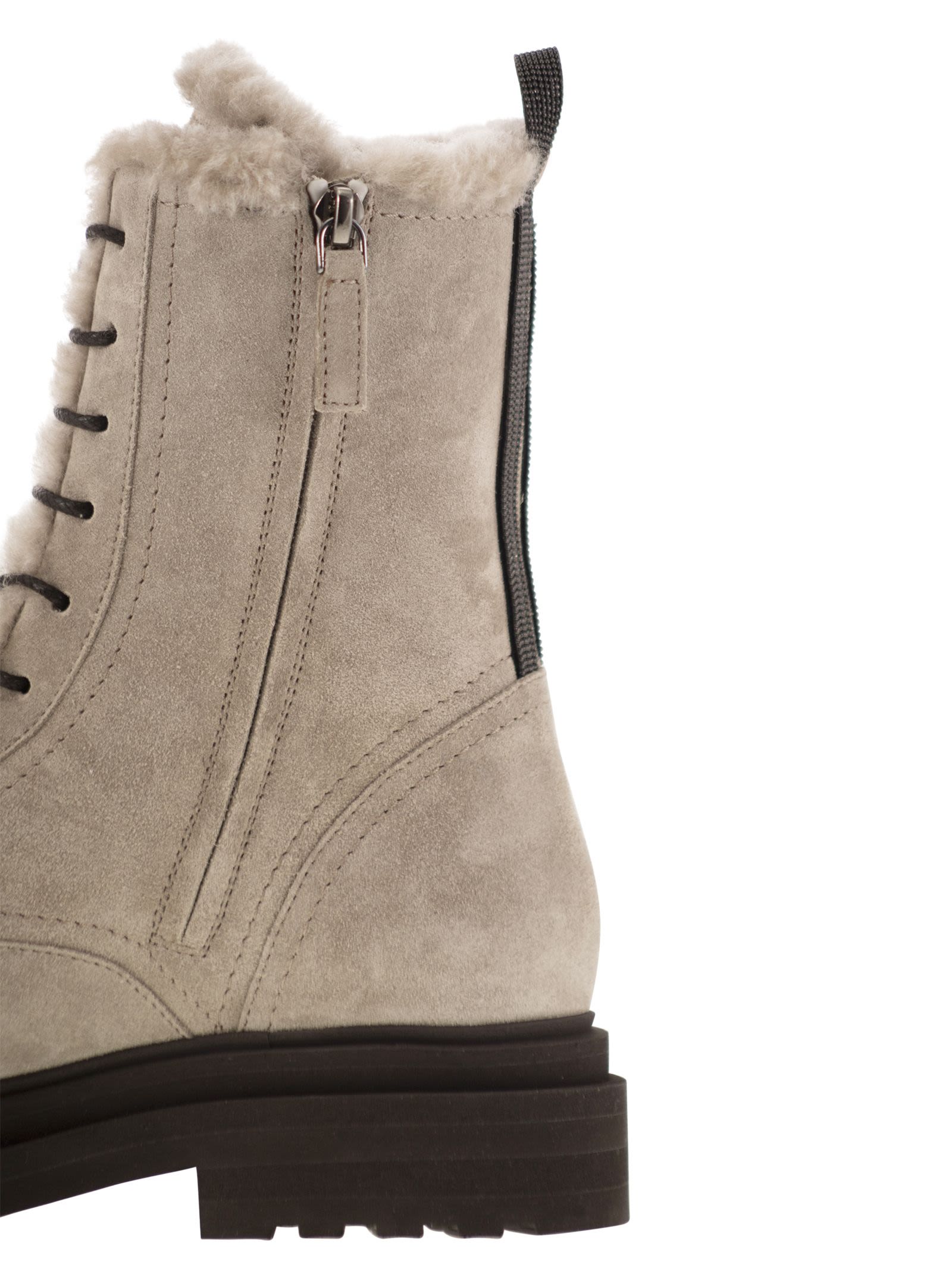 Brunello Cucinelli Women Suede Boot With Shearling Lining And Shiny Loop Detail by Luosophy