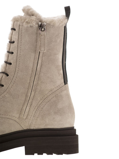 Brunello Cucinelli Women Suede Boot With Shearling Lining And Shiny Loop Detail by Luosophy