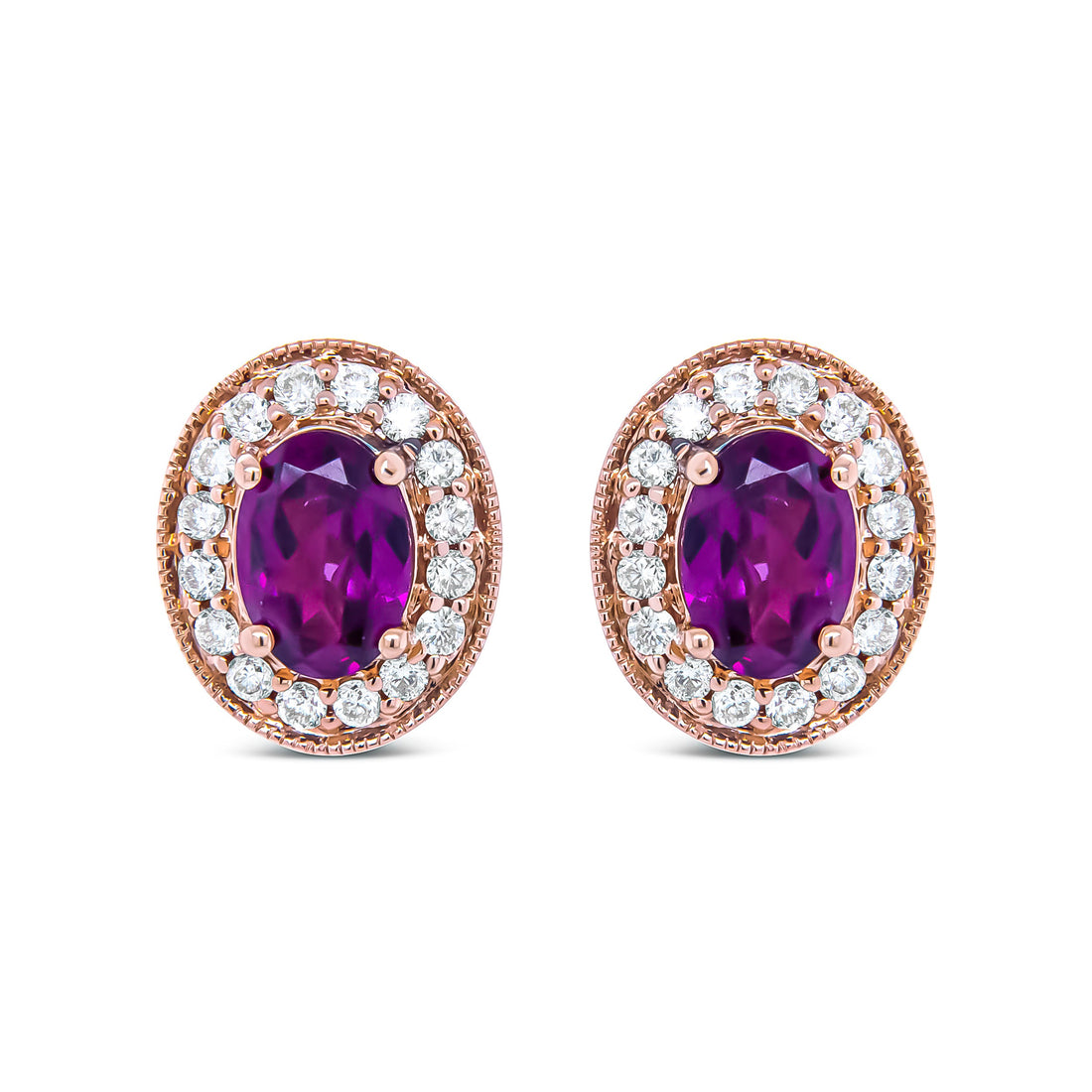 14K Rose Gold 7x5mm Oval Cut Garnet and 3/8 Cttw Round Diamond Halo Stud Earrings (G-H Color, SI1-SI2 Clarity) by Bids.com
