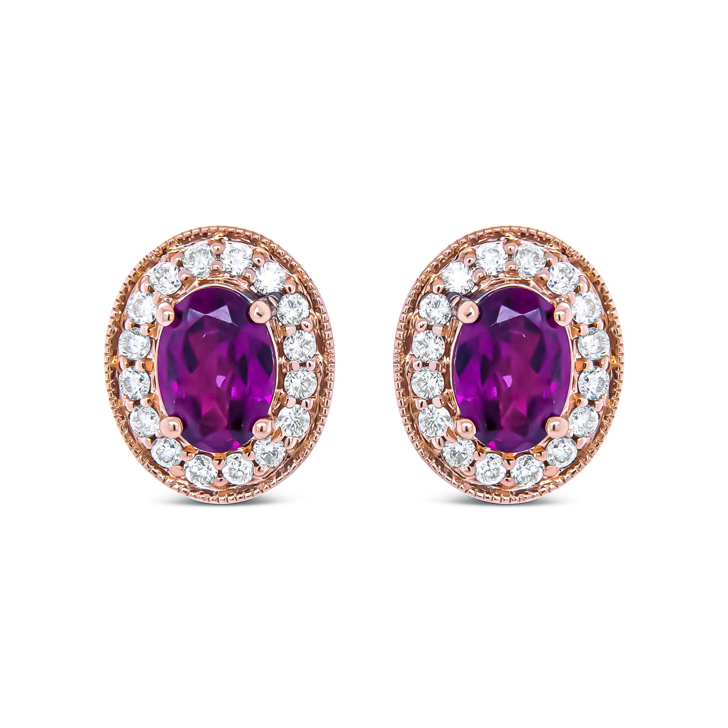 14K Rose Gold 7x5mm Oval Cut Garnet and 3/8 Cttw Round Diamond Halo Stud Earrings (G-H Color, SI1-SI2 Clarity) by Bids.com