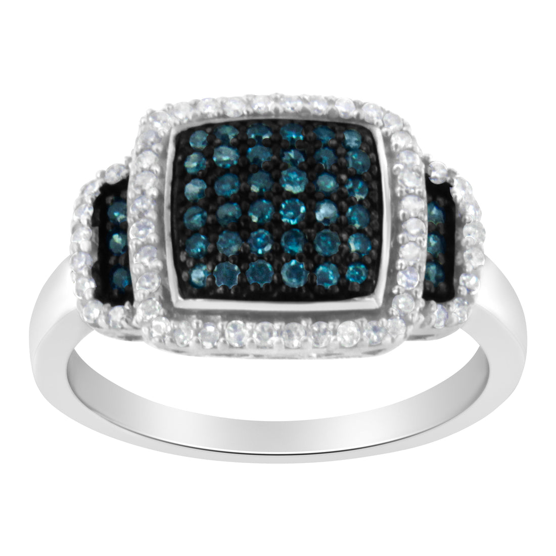 Black Rhodium Plated .925 Sterling Silver 1/2 Cttw White &amp; Blue Diamond Square Halo Cocktail Ring (Fancy Blue &amp; H-I Color, I2-I3 Clarity) - SIze 6 by Bids.com