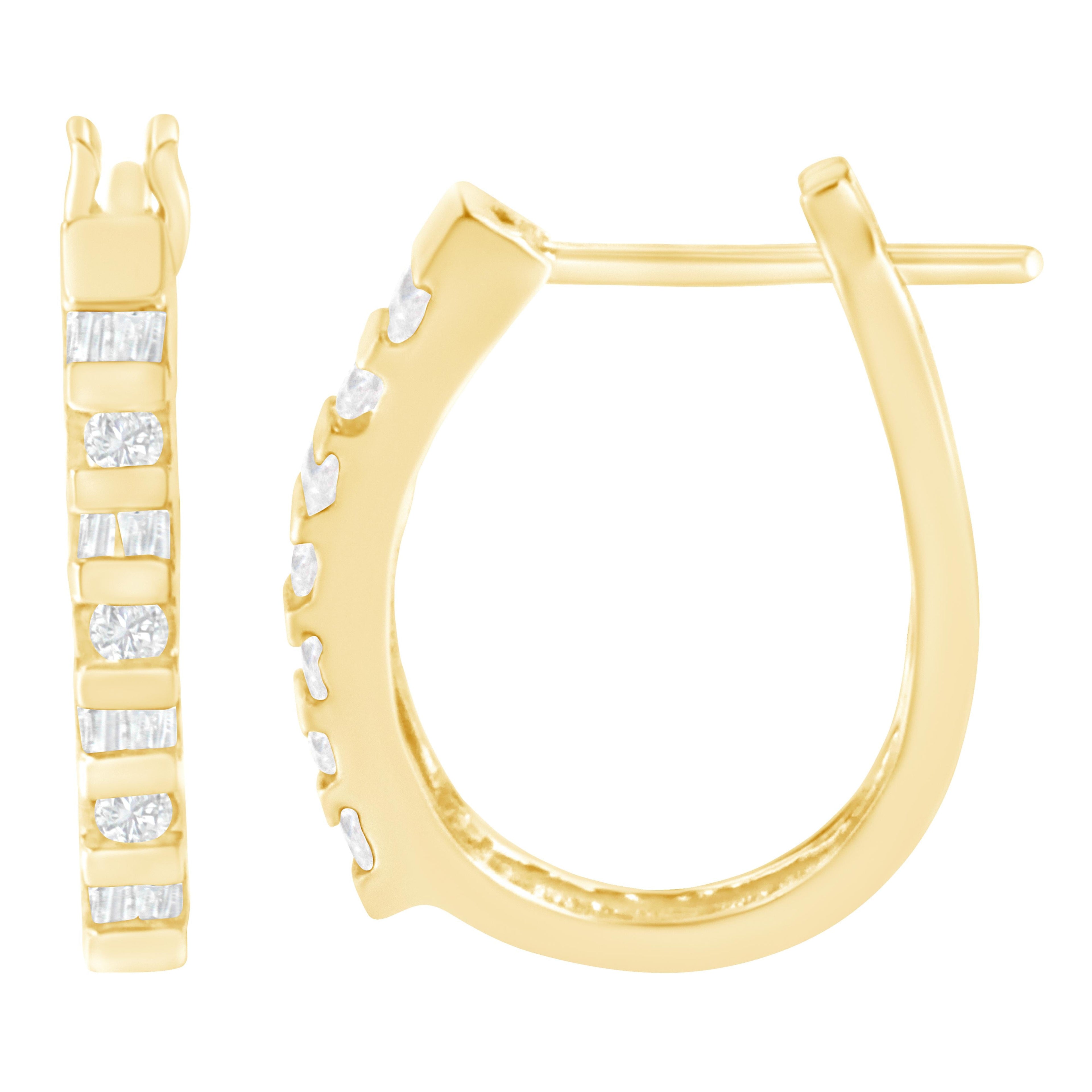 10K Yellow Gold Round and Baguette Cut Diamond Oblong Hinged Leverback Hoop Earrings (Â¼ Cttw, I-J Color, I2-I3 Clarity) by Bids.com