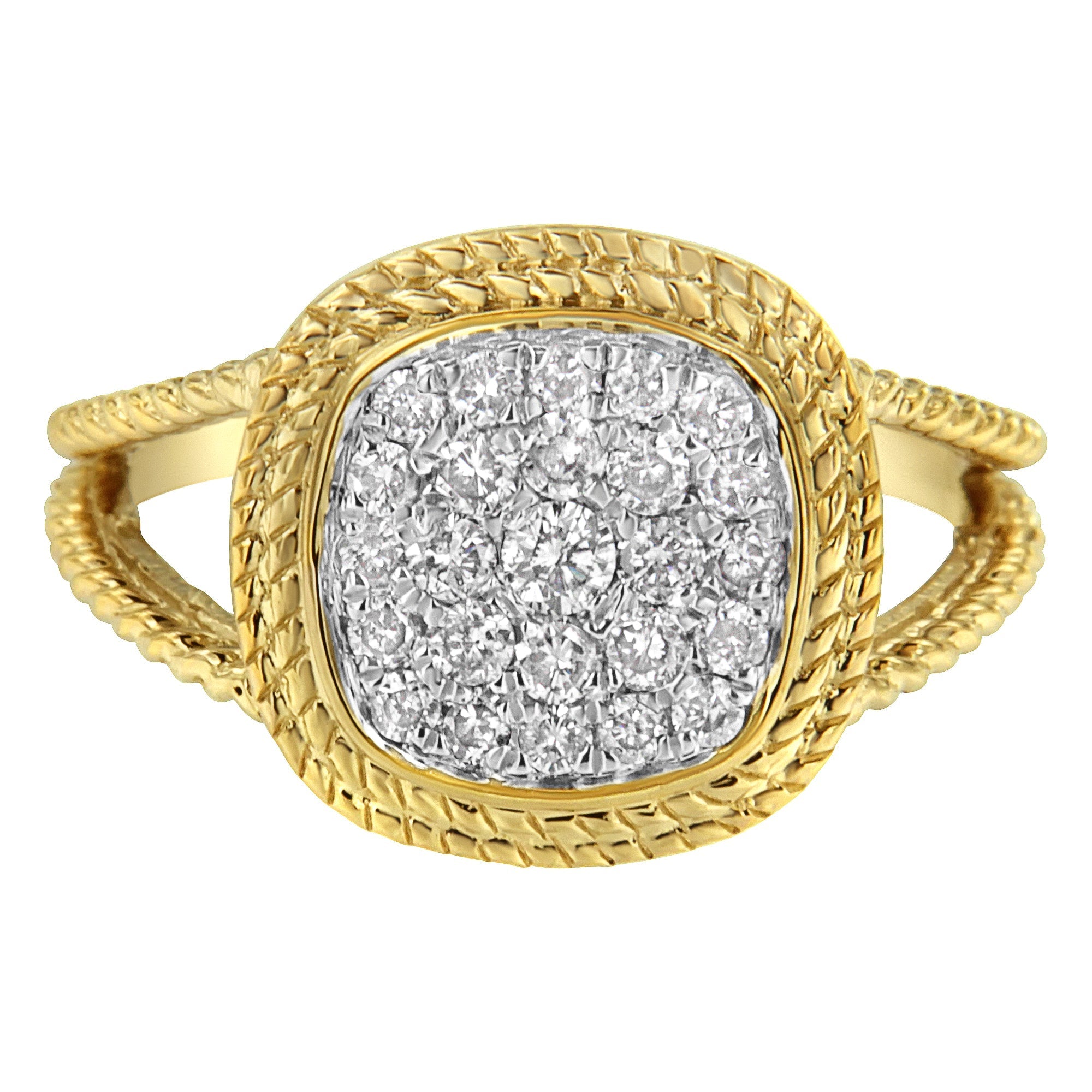 10K Yellow Gold Plated .925 Sterling Silver 1/2 Cttw Diamond Square Cushion Cluster Split Shank Cocktail Ring (J-K Color, I2-I3 Clarity) - Size 7  DestGlow