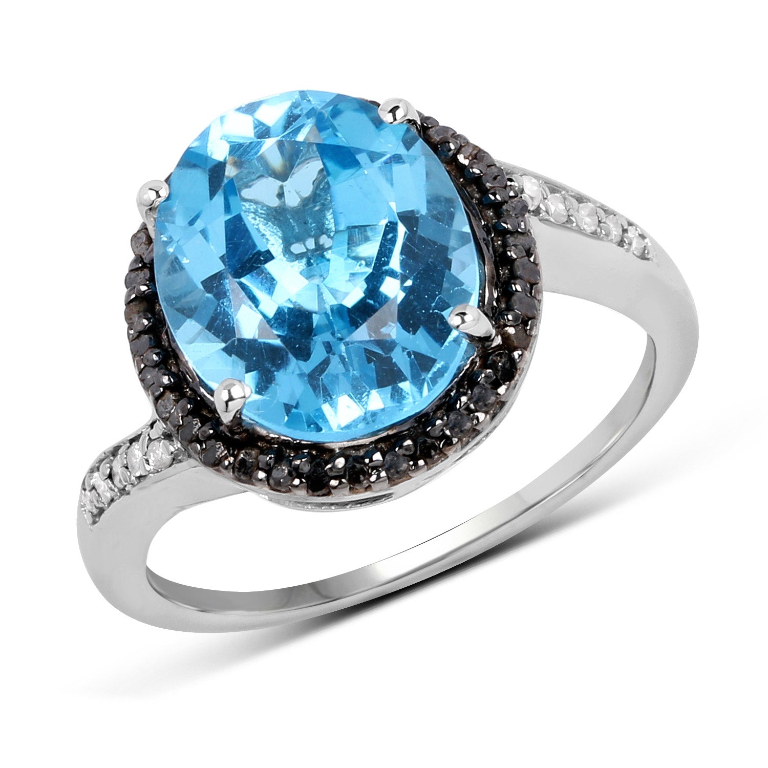 5.48 Carat Genuine Swiss Blue Topaz, Black Diamond and White Diamond .925 Sterling Silver Ring by Bids.com