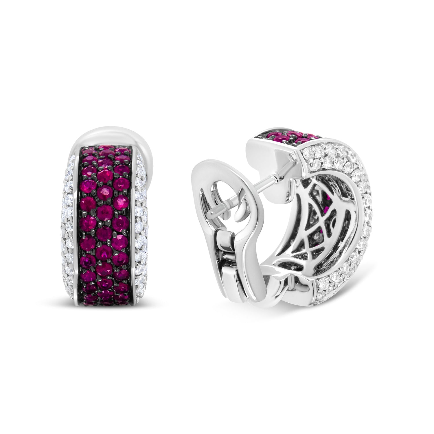 18K White Gold and Black Rhodium Plated 3/4 Cttw Round Diamonds and 1mm Round Red Ruby Huggie Hoop Earrings (F-G Color, VS1-VS2 Clarity) by Bids.com