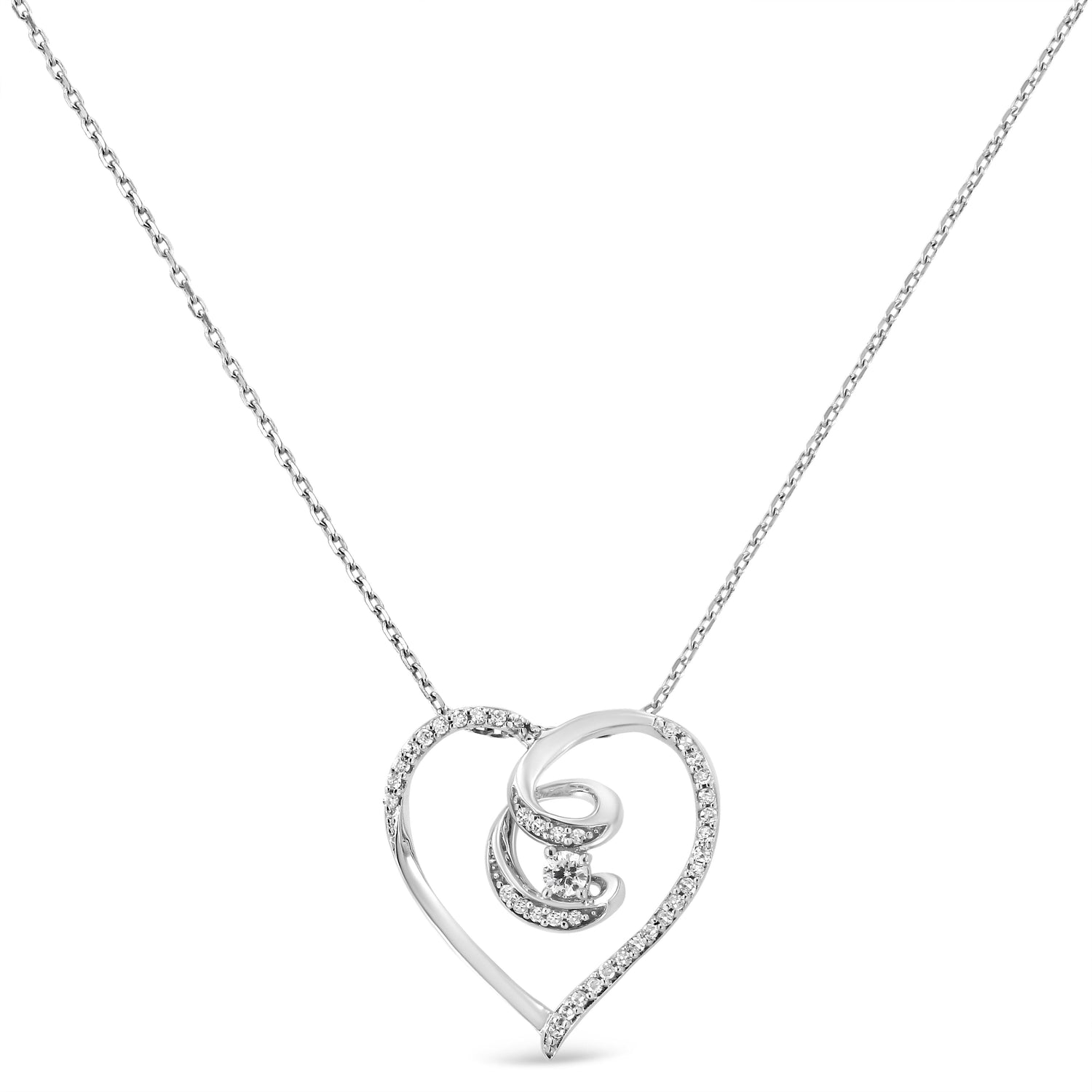 .925 Sterling Silver 1/4 Cttw Brilliant-Cut Diamond Open Heart Twisted Awareness Ribbon 18" Pendant Necklace (H-I Color, I1-I2 Clarity) by Bids.com