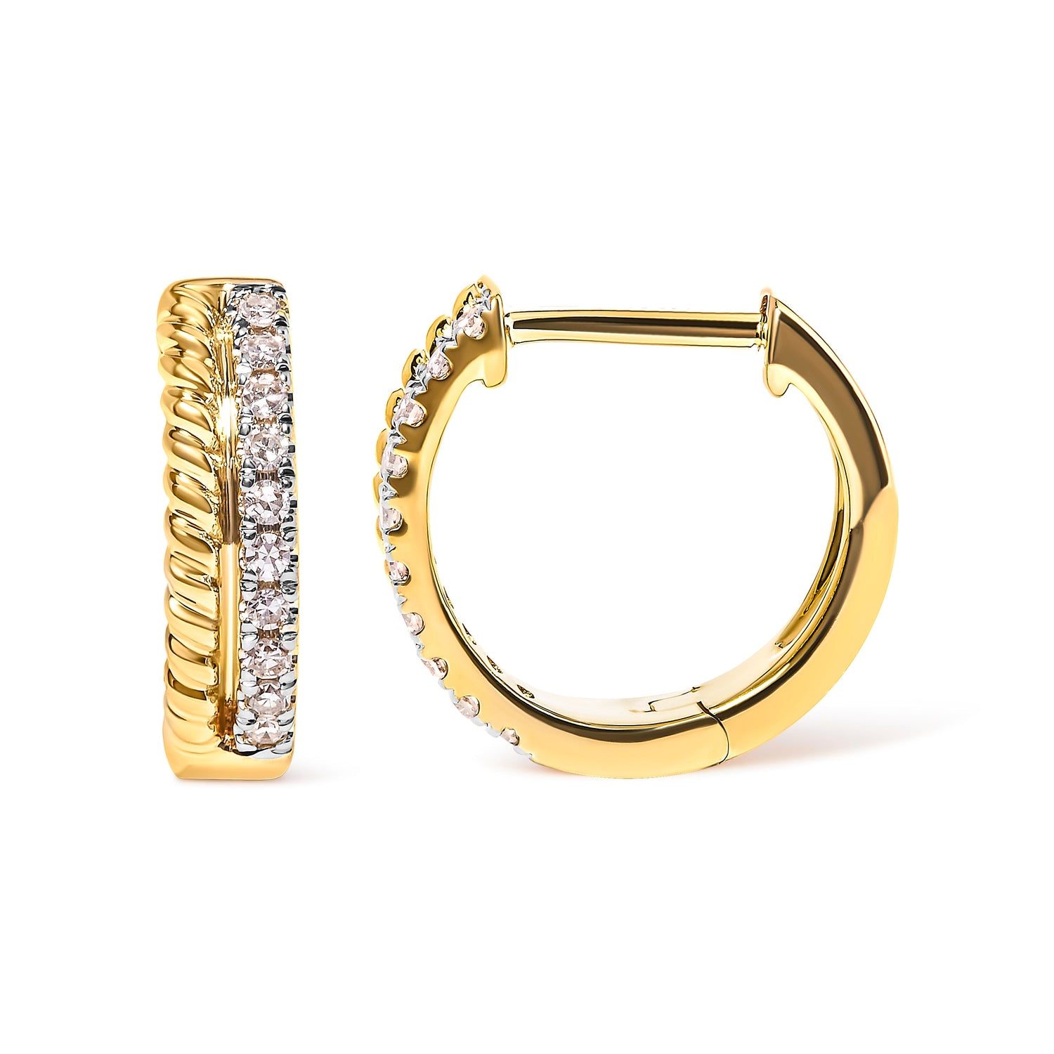 10K Yellow Gold 1/10 Cttw Diamond and Rope Twist Huggy Hoop Earrings (H-I Color, I1-I2 Clarity) by Bids.com