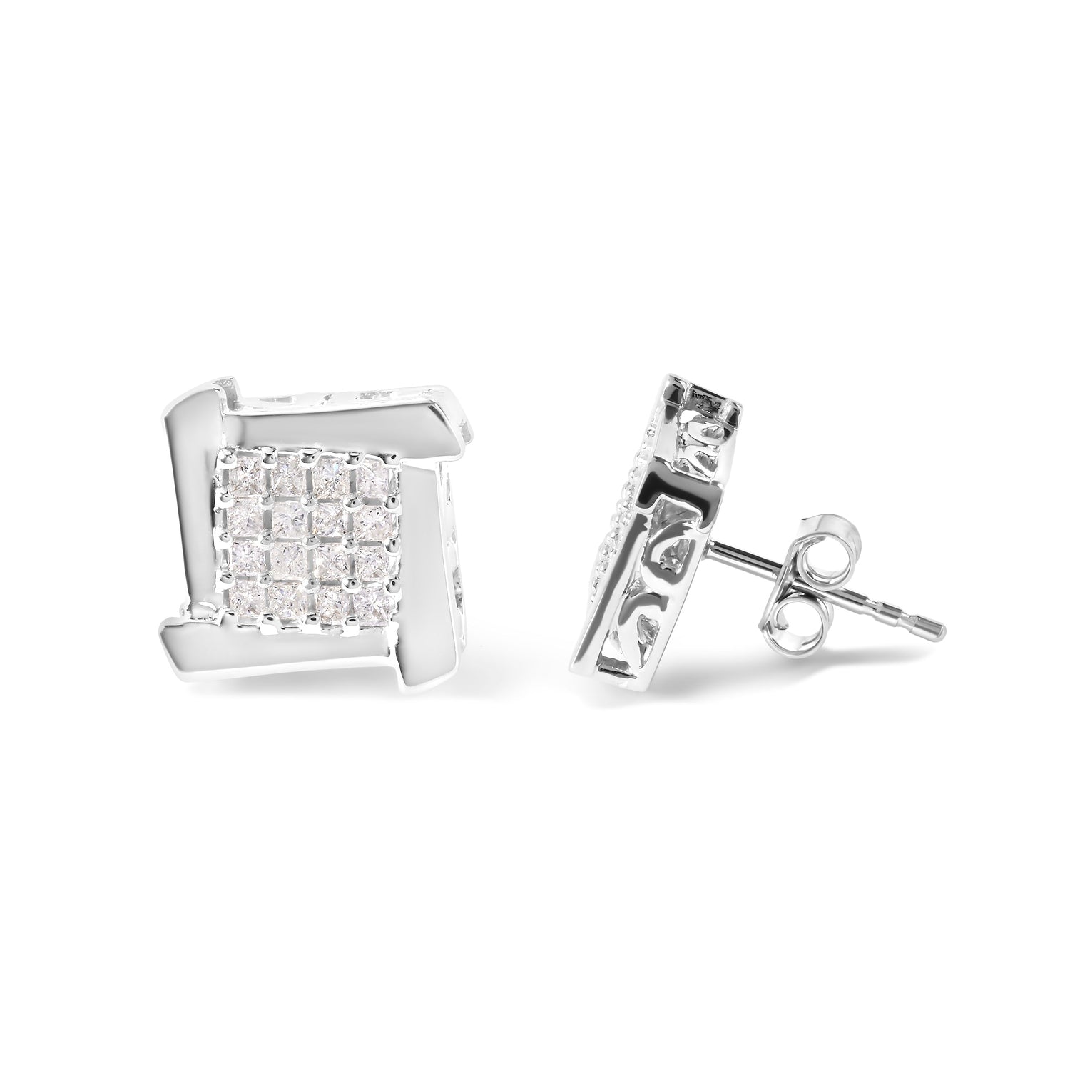 10K White Gold 1/2 Cttw Composite Princess Diamond Square and Swirl Stud Earrings (I-J Color, I1-I2 Clarity) by Bids.com