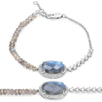 17.49 Carat Genuine Labradorite and White Topaz .925 Sterling Silver Bracelet  DestGlow