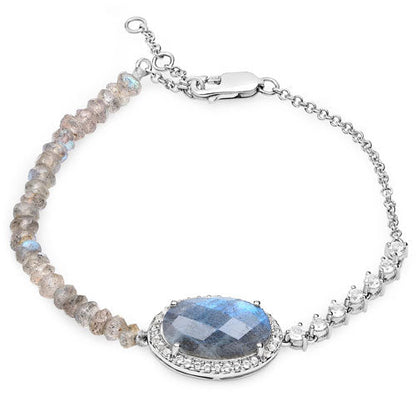 17.49 Carat Genuine Labradorite and White Topaz .925 Sterling Silver Bracelet  DestGlow