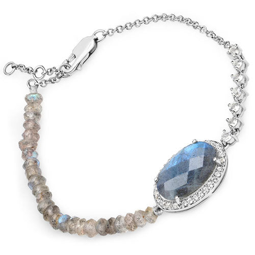 17.49 Carat Genuine Labradorite and White Topaz .925 Sterling Silver Bracelet  DestGlow