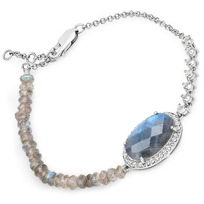 17.49 Carat Genuine Labradorite and White Topaz .925 Sterling Silver Bracelet  DestGlow