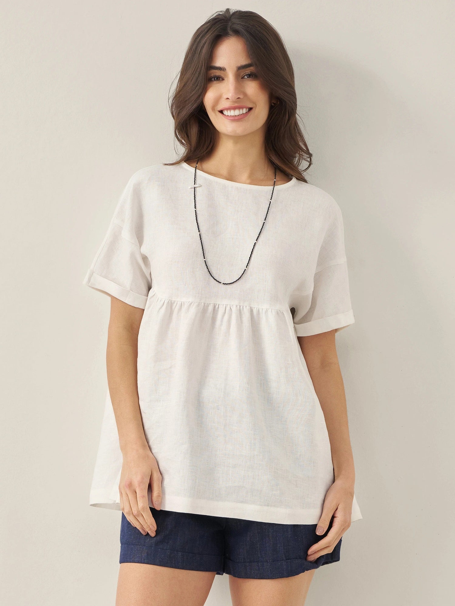 100% Linen Round Neck Pleated Pullover Top QUINLAN by LINTICO