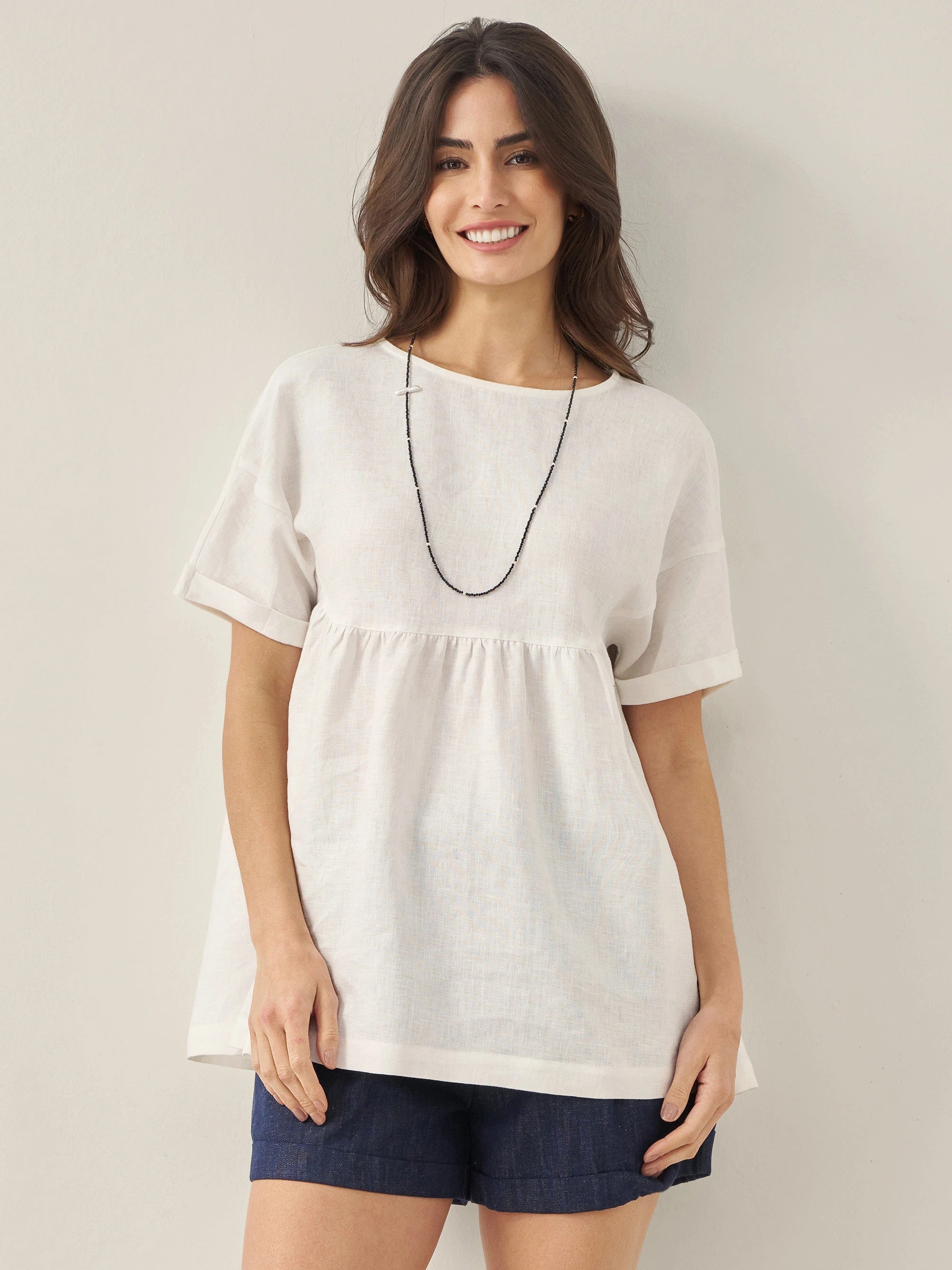 100% Linen Round Neck Pleated Pullover Top QUINLAN by LINTICO