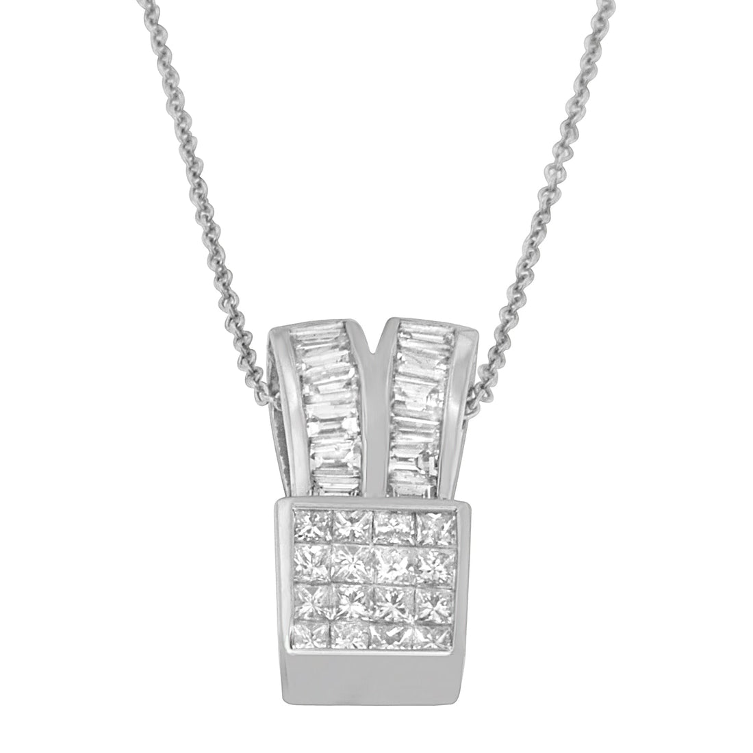 14K White Gold 1 5/8 cttw Princess and Baguette Cut Diamond Heart Ribbon Pendant Necklace (G-H, VS1-VS2) - DestGlow