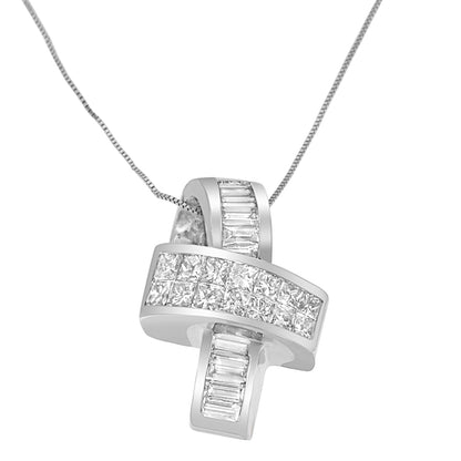 14K White Gold 2 cttw Princess and Baguette Cut Diamond Ribbon Pendant Necklace (H-I, SI-SI2) by Bids.com