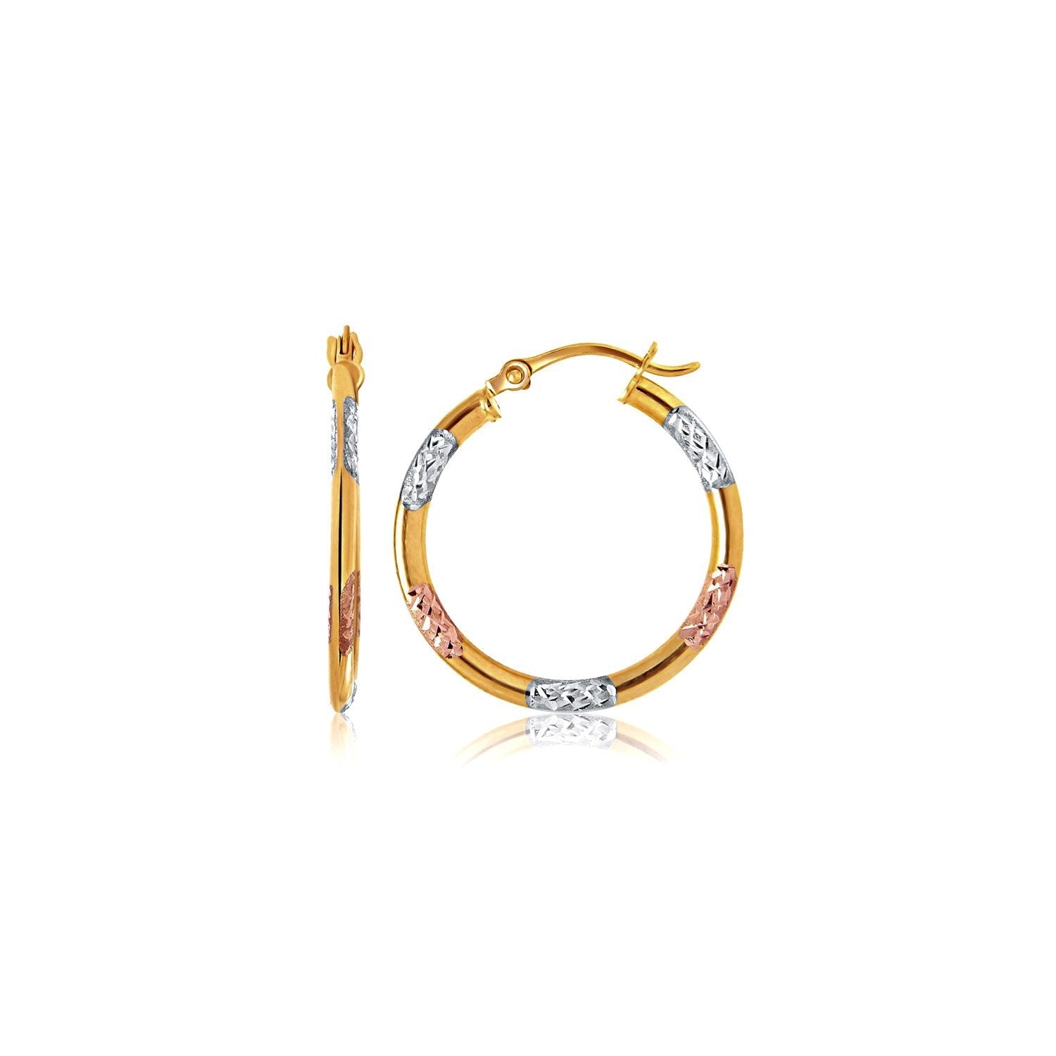 10k Tri-Color Gold Classic Hoop Earrings with Diamond Cut Details by Bids.com