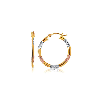 10k Tri-Color Gold Classic Hoop Earrings with Diamond Cut Details by Bids.com