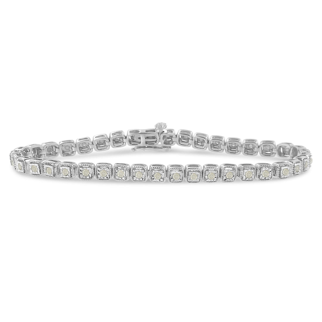 .925 Sterling Silver 1.0 Cttw Diamond Miracle-Set Square Milgrain 7" Link Tennis Bracelet (I-J Color, I3 Clarity) by Bids.com