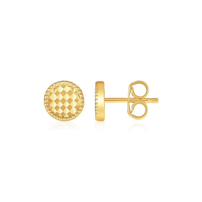 14k Yellow Gold Textured Circle Post Earrings  DestGlow