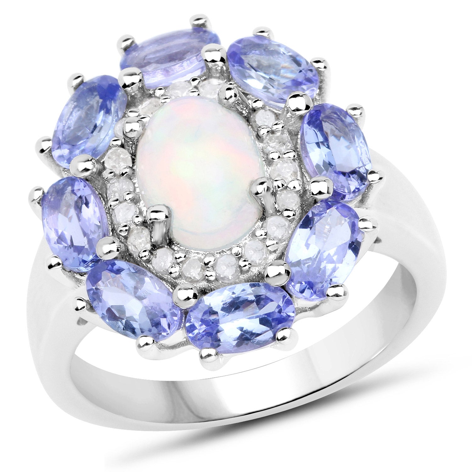 3.05 Carat Genuine Ethiopian Opal, Tanzanite and White Diamond .925 Sterling Silver Ring by Bids.com