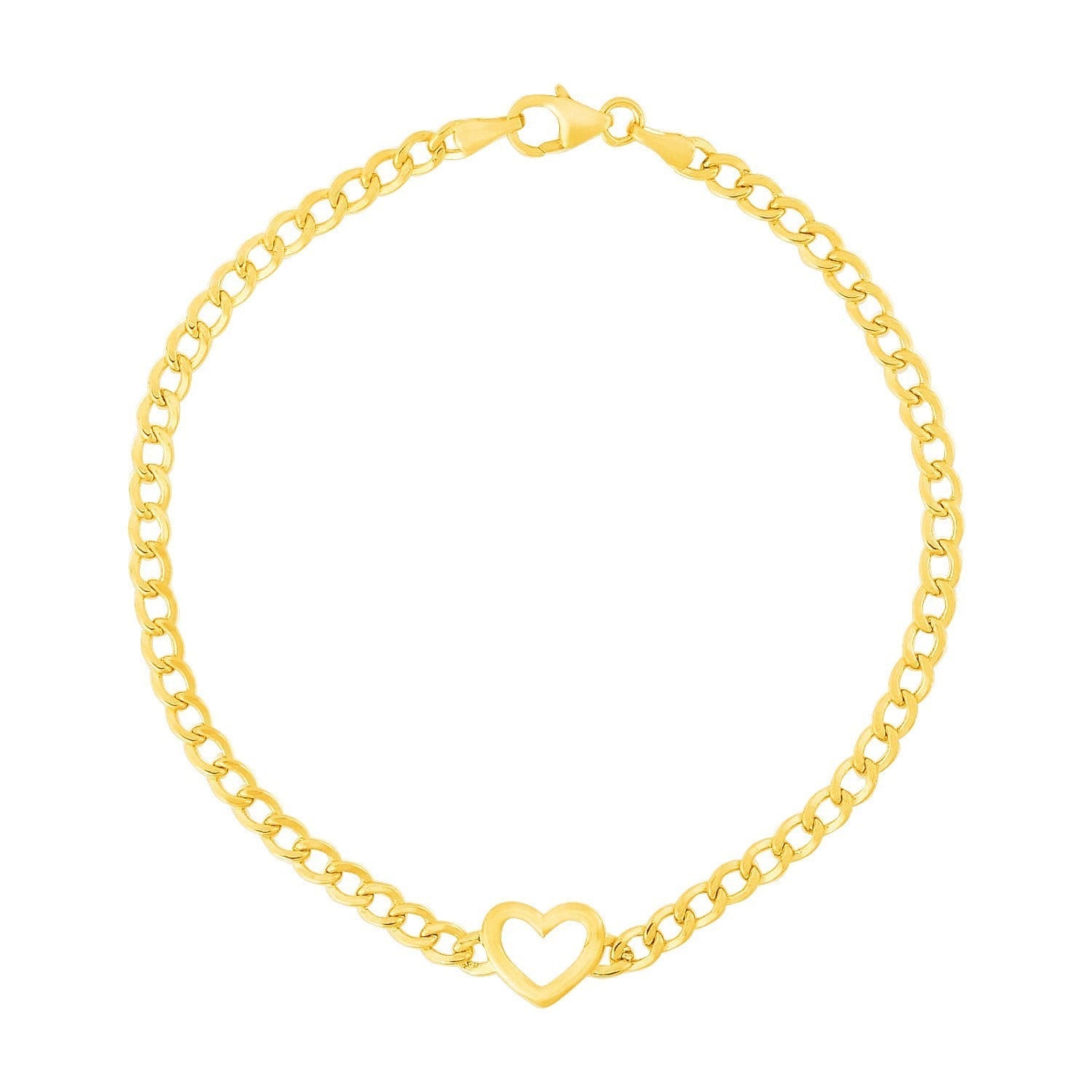 14k Yellow Gold 7 inch Curb Chain Bracelet with Heart  DestGlow
