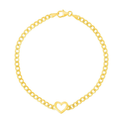 14k Yellow Gold 7 inch Curb Chain Bracelet with Heart  DestGlow