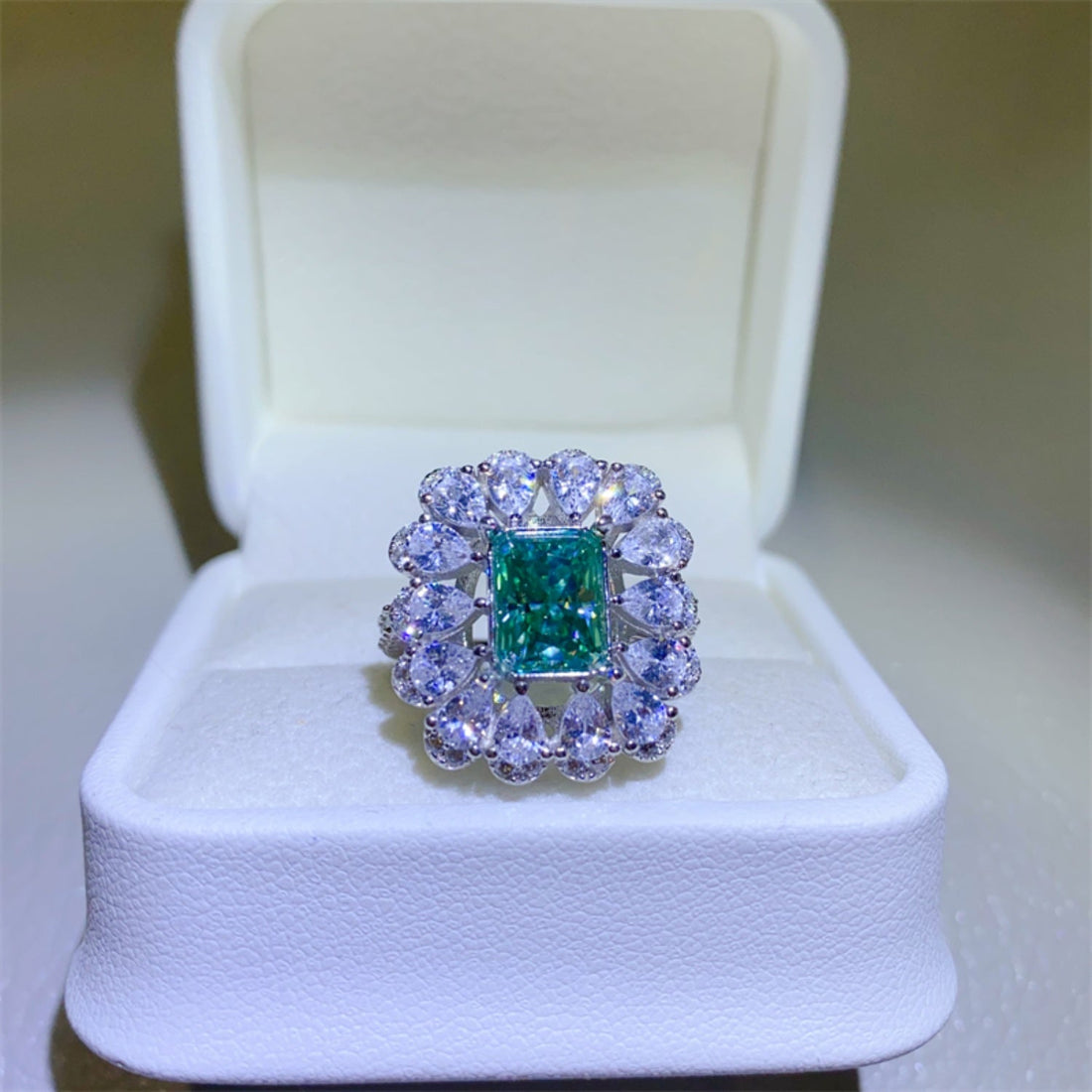 3 Carat Green Emerald-Cut Sparkala™ Pure Sterling Silver Ring - DestGlow
