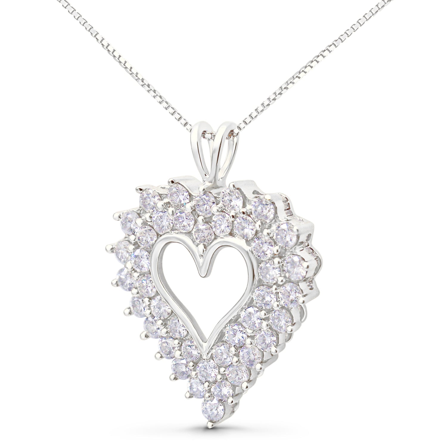 925 Sterling Silver 4.0 Cttw Diamond Two Row Open Heart 18" Pendant Necklace (I-J Color, I2-I3 Clarity) by Bids.com