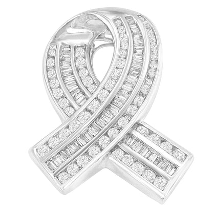 14K White Gold 2 5/8 Cttw Channel Set Round and Baguette Diamond Awareness Ribbon Pendant (H-I Color, I1-I2 Clarity) - Chain Not Included by Bids.com