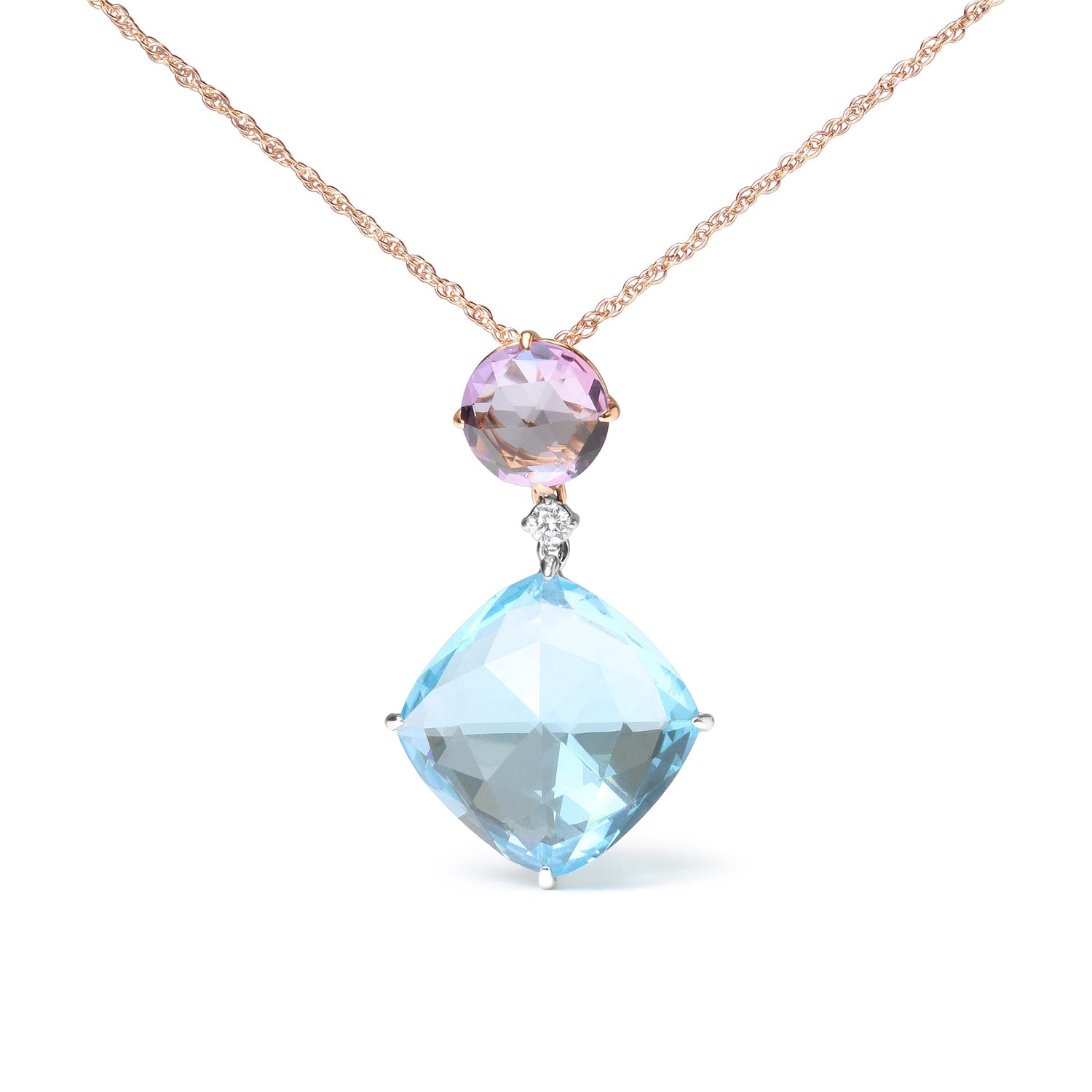 18K White and Rose Gold Round Diamond Accent and Round Rose De France Pink Amethyst and Cushion Cut Sky Blue Topaz Dangle Drop 18" Pendant Necklace (G-H Color, SI1-SI2 Clarity) by Bids.com