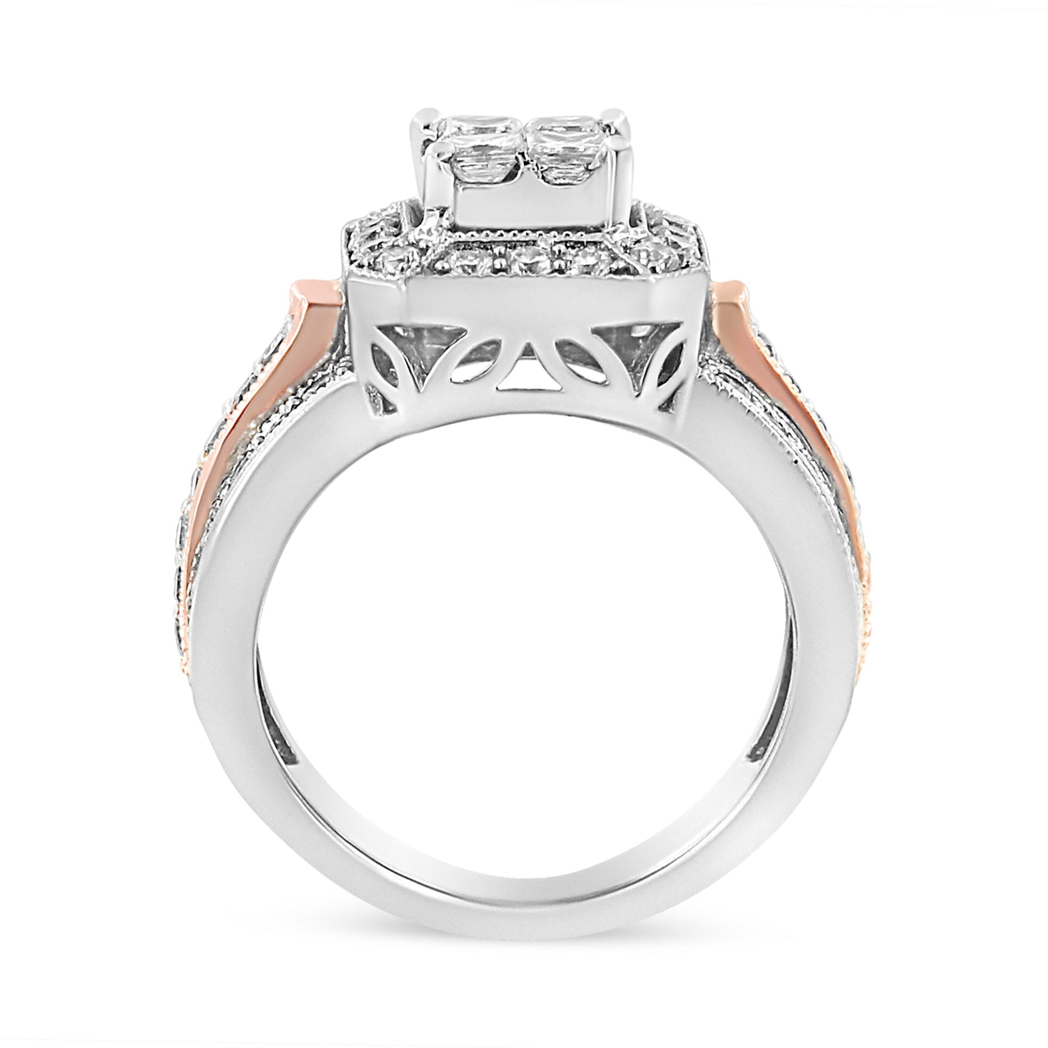 14K White and Rose Gold 1 1/8 Cttw Princess and Round-Cut Diamond Art Deco Style Triple Shank Halo Cocktail Ring (I-J Color, SI2-I1 Clarity) - Size 7 by Bids.com